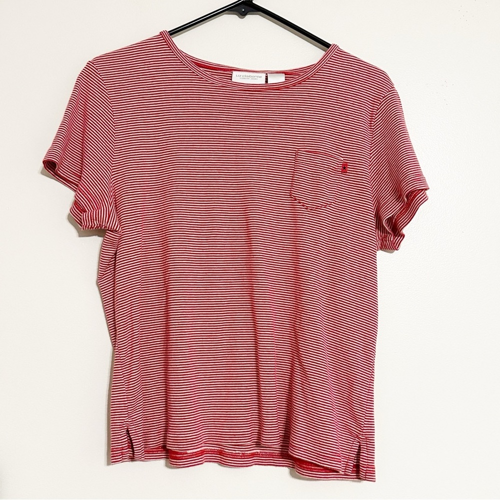 Liz Claiborne Red Striped Classic Prep Preppy Americana Short Sleeve Tee Shirt